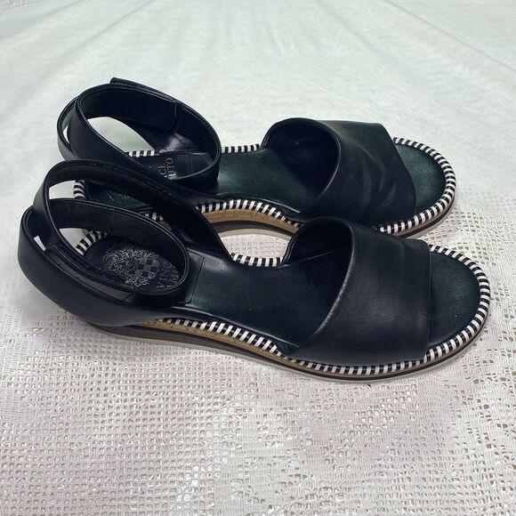 Vince Camuto Sandals Size 8.5 Leather Ankle Strap Low Wedge Heel Black Hook Loop - Picture 3 of 7